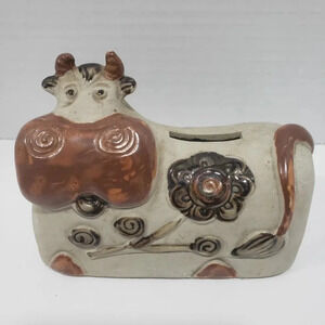 Vintage Brown Bisque Ceramic Cow Coin  Bank.